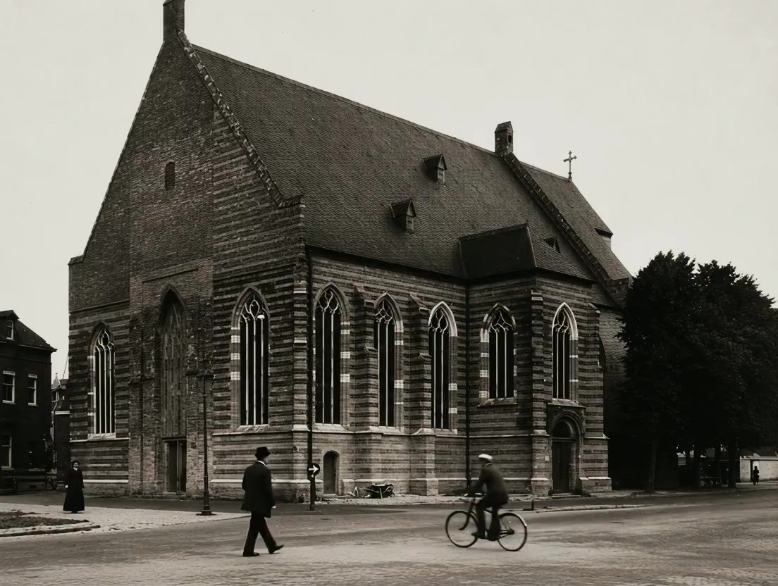 An archive photograph of the Catharinakerk from the square: banded brick and stone, a steep slate roof, a man walking and another cycling past on an empty street.