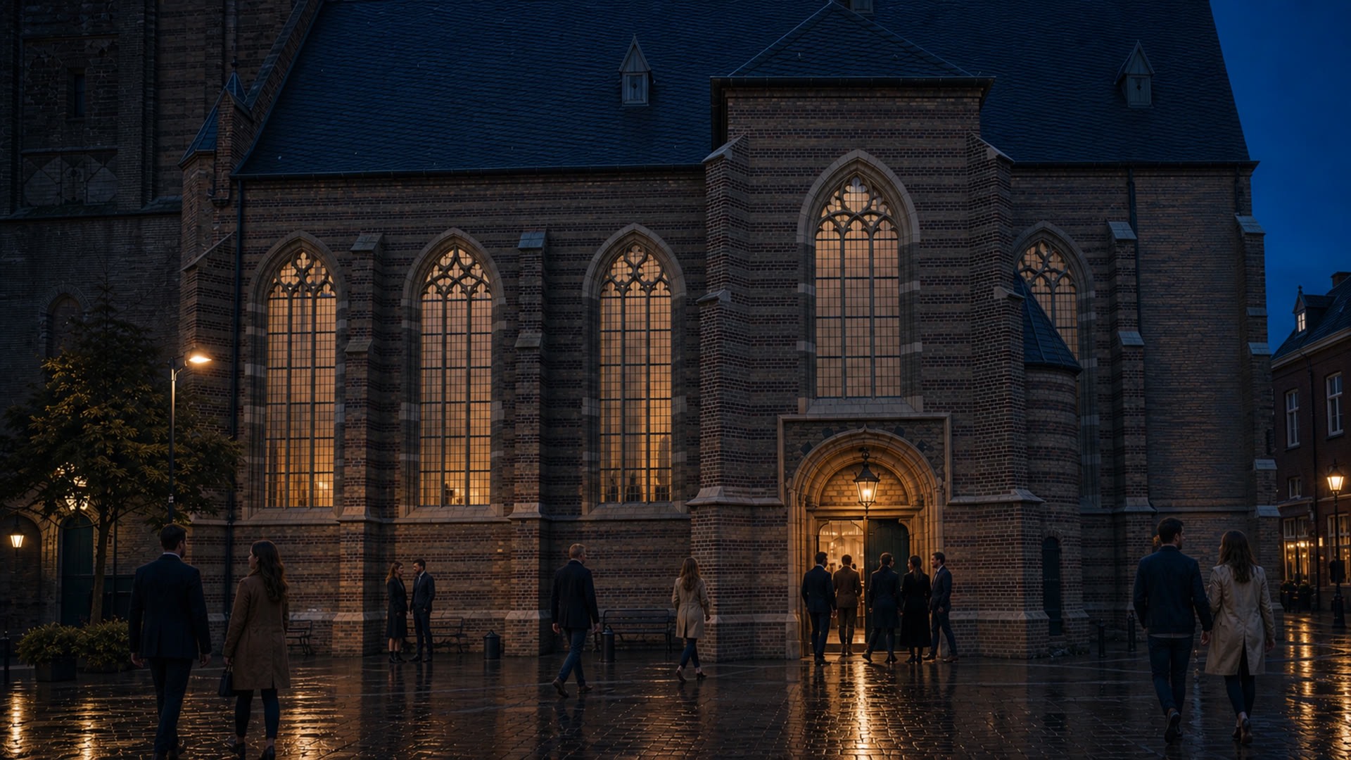 The Catharinakerk at blue hour, its windows warm, people crossing the wet square towards the door.