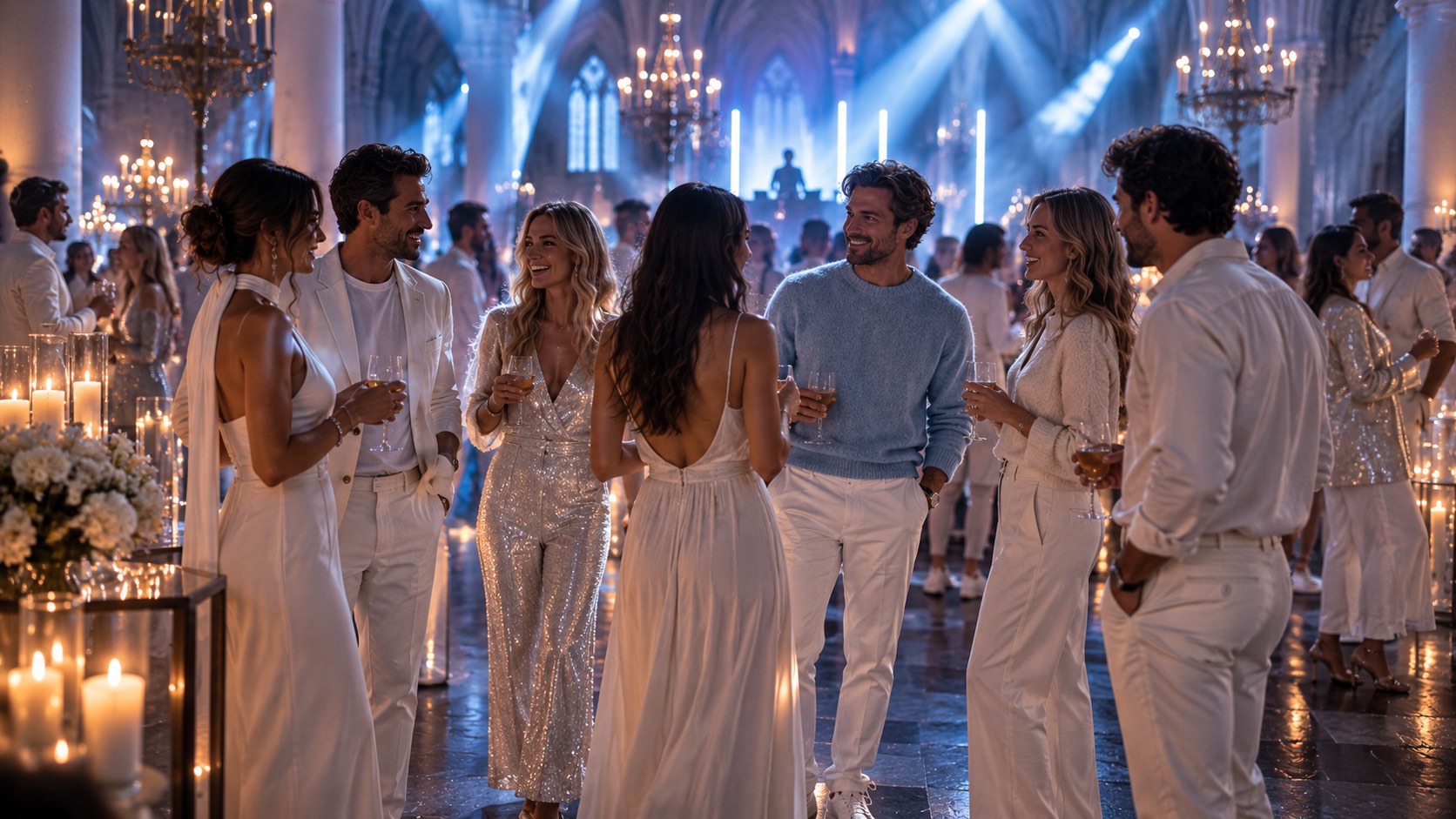Eight guests standing together in the nave, talking and laughing, all in white, off-white and ivory: a woman in a draped halter dress seen from behind, a man in a pale suit over a white tee, a woman in a silver sequin jumpsuit, a man in an ice-blue knit sweater with white trousers and white sneakers, a woman in a cream knit cardigan. Candles in tall glass and white flowers along a table on the left, brass chandeliers above, and blue light bars behind a distant figure at the decks.