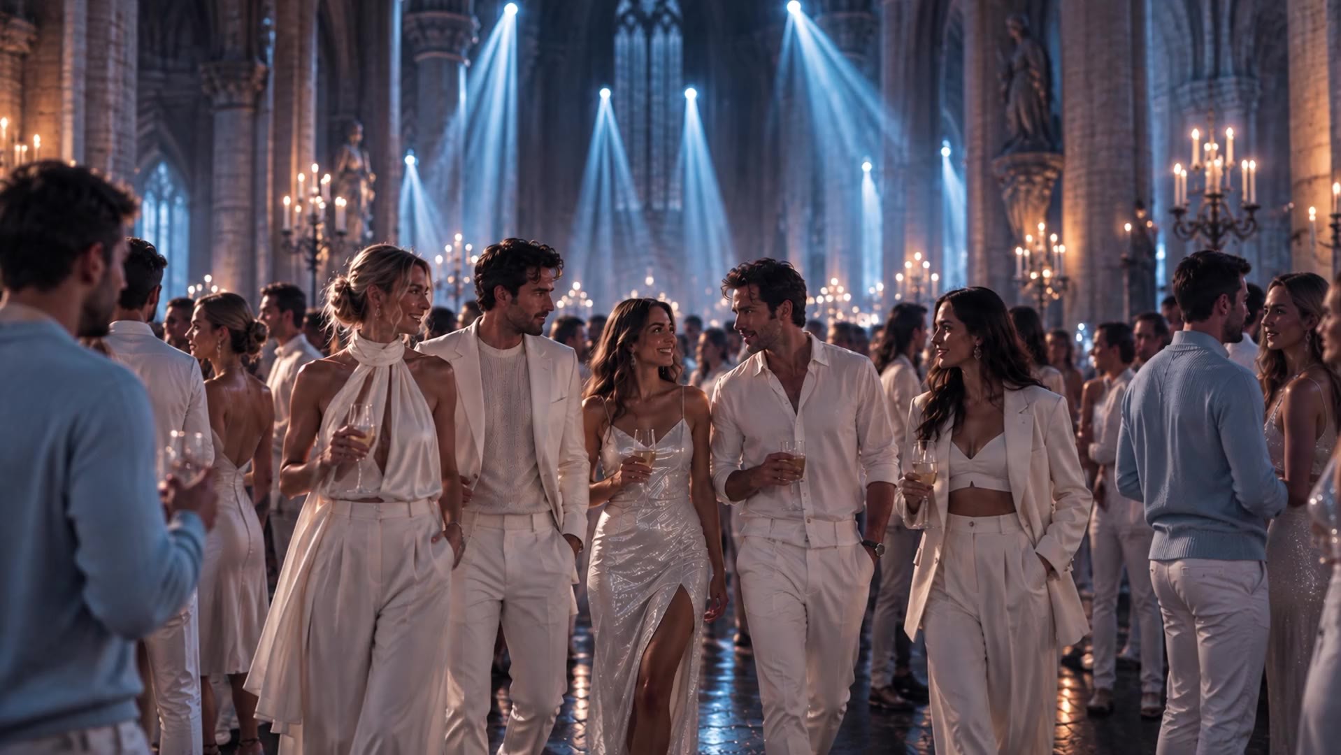 The nave at night, filled with people dressed in white, off-white and ivory: a woman in a draped halter, a man in a knitted polo and pale suit, a woman in a long shell-coloured dress, a man in an open white shirt, and at the edge of frame a man in an ice-blue sweater. Candles burn along the aisles, blue beams cross the vaulting, and the group is talking and laughing as the camera moves slowly towards them.