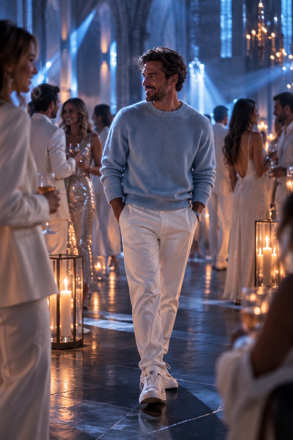 A man walking through the room in an ice-blue wool sweater, off-white trousers and clean white sneakers, hands in his pockets, half-smiling at somebody out of frame. Candle lanterns on the dark stone floor beside him and other guests in white talking behind.