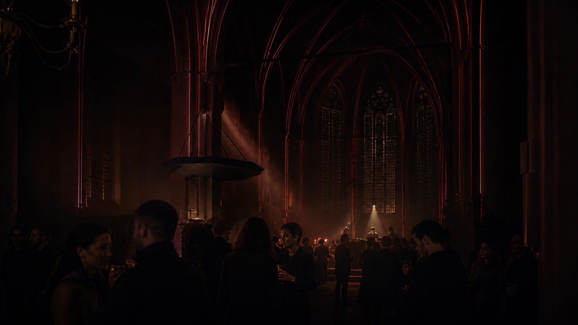 Within the crowd in THE FIFTH, faces lit from the architecture rather than from a stage.