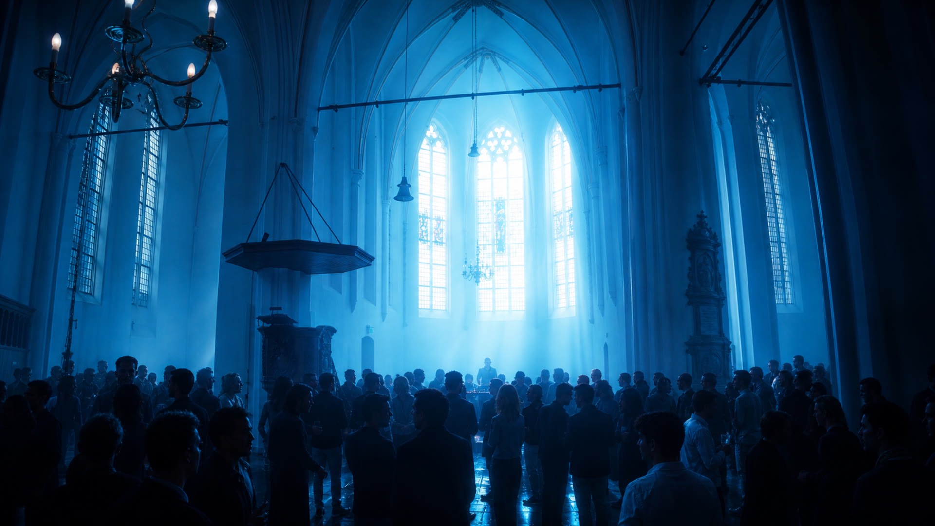 The luminous peak of ICE: the building dissolved into almost white cyan light.