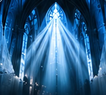 Gothic vaults lit by ice-blue beams.