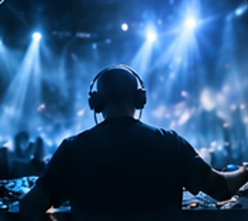 A DJ seen from behind, under blue light.