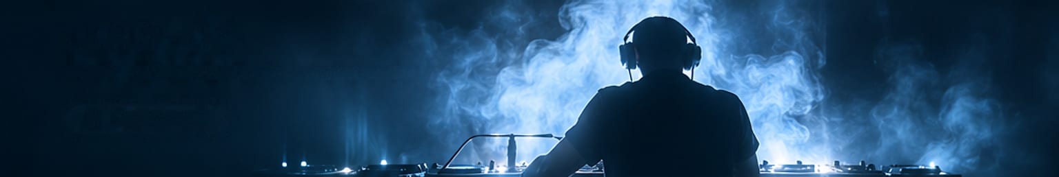 A DJ in silhouette, headphones on, in ICE-blue smoke.