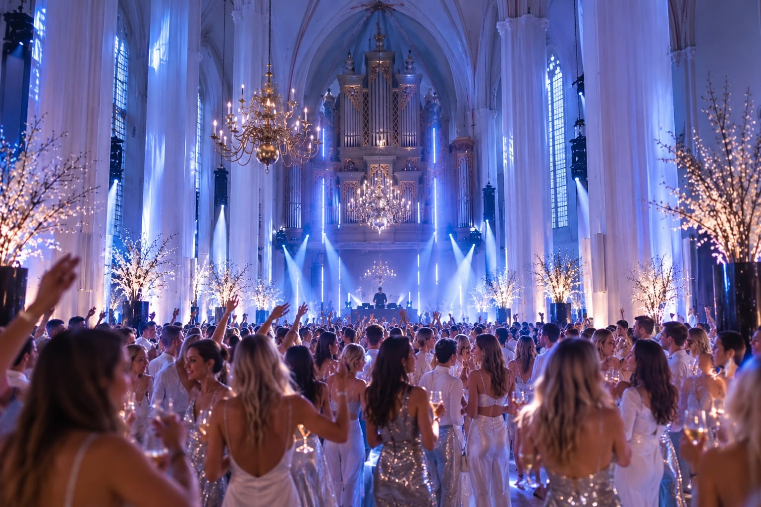 The Catharinakerk in Doetinchem as ICE imagines the night: guests in white and silver under chandeliers and light, a DJ beneath the organ.
