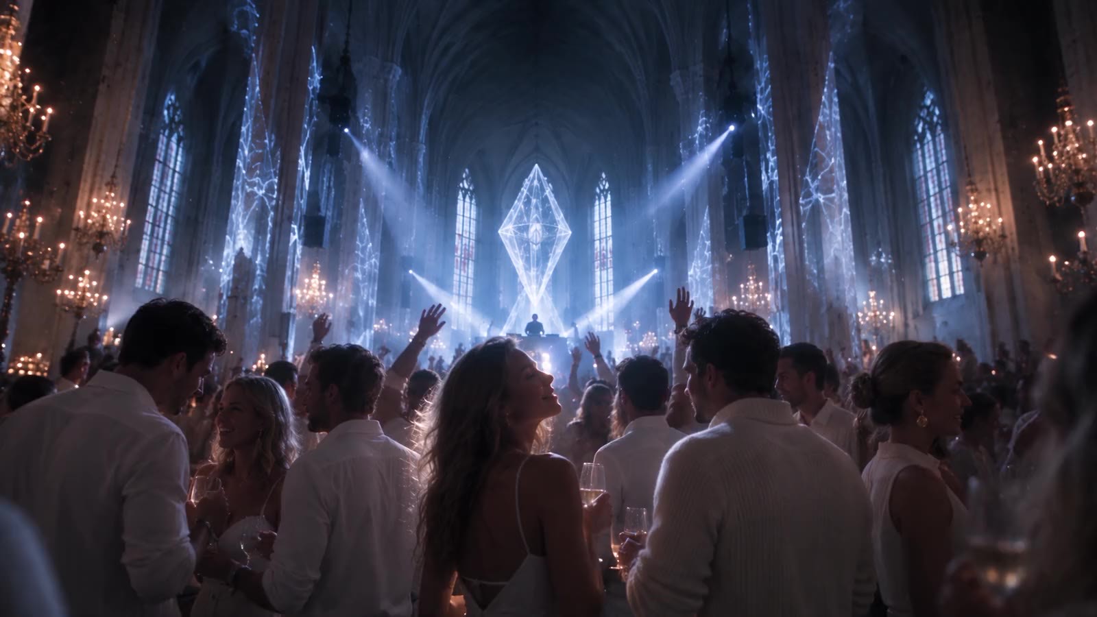 The nave of the church at night, seen down its full length: a crystal of white light suspended above a distant figure at the decks, blue beams crossing the vaulting, chandeliers burning warm along the aisles, and a crowd dressed in white filling the floor. A woman near the camera turns her face up towards the light.