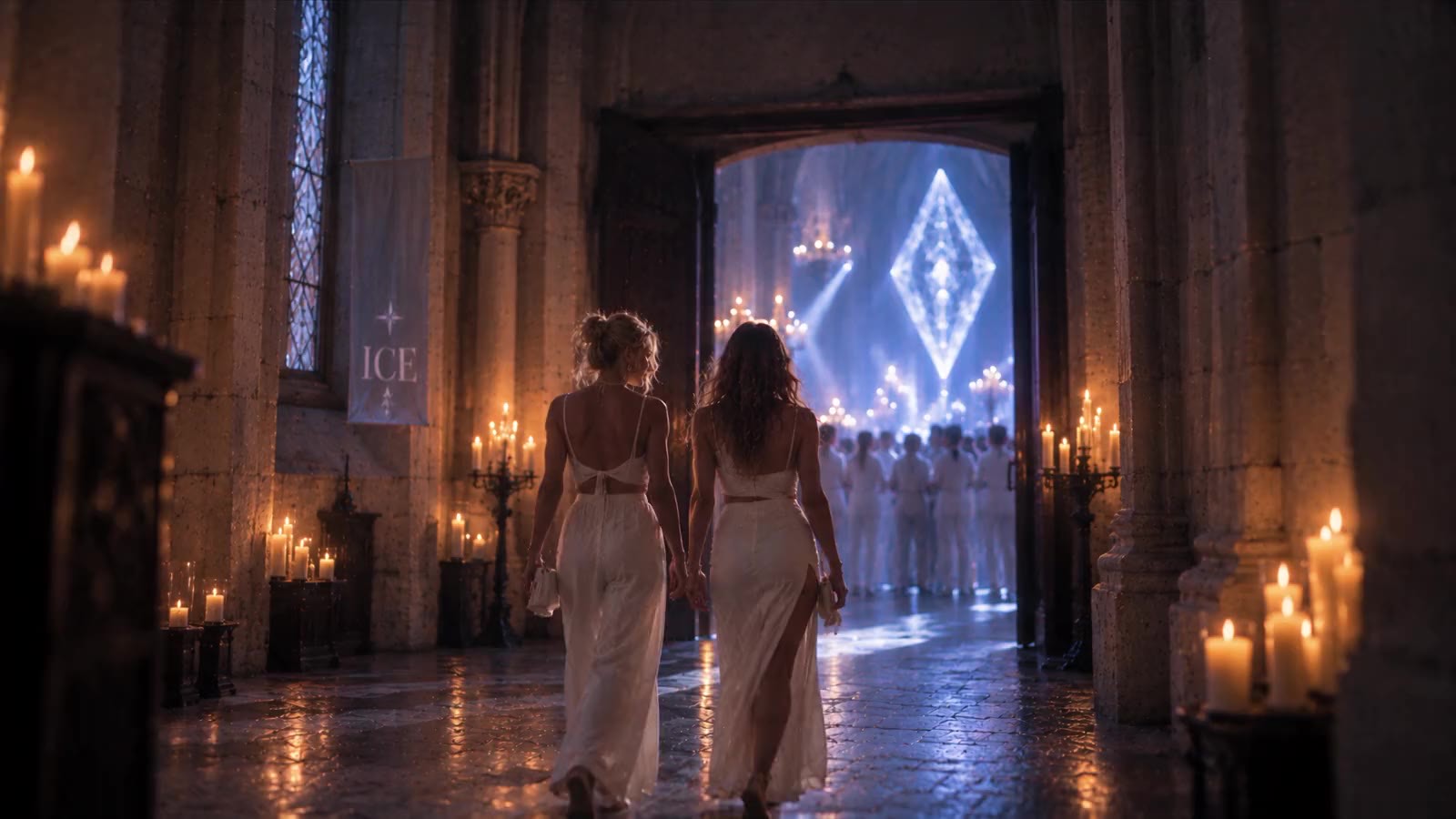 Two women in different white outfits, seen from behind, walking together towards an open church doorway. Candles line the stone on both sides; beyond the door the room is cold and blue, a crystal of light above a crowd dressed in white.