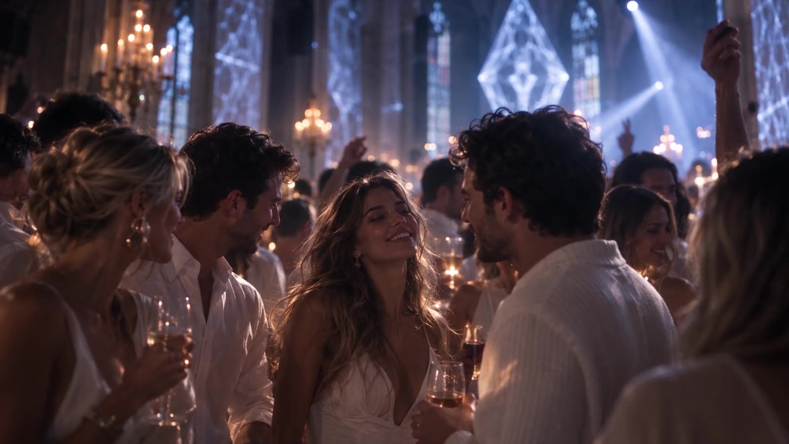Close among the crowd: a woman laughing mid-conversation with a glass in her hand, two people leaning in on either side of her, everyone in white and ivory, candles and chandeliers behind them and the cold light of the room beyond.