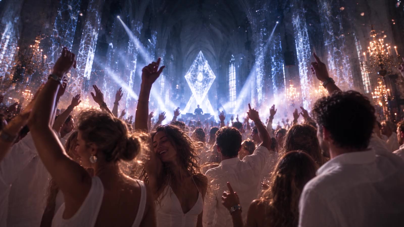 The room at its loudest: hands raised across a crowd in white, faces lit from above, blue and white beams cutting the haze, the crystal burning at the far end of the nave and the church still plainly visible around it.