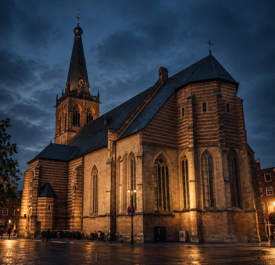 The Catharinakerk at blue hour on Simonsplein: banded brick and stone lit from below, the tower against a heavy sky, the wet square reflecting the lamps.